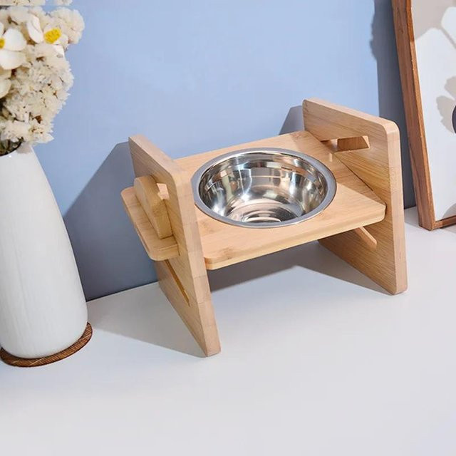 Yiran Furniture Erhöhter Napfhalter aus Bambus und rostfreiem Stahl in Braun, verstellbar und geneigt für Hunde und Katzen - Bild 1