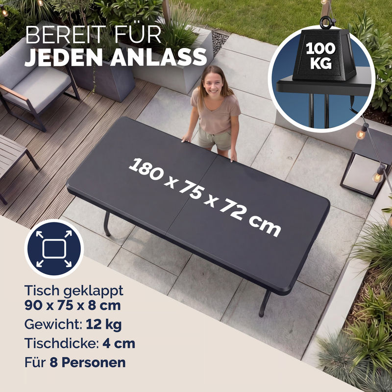 CASARIA Klapptisch aus HDPE-Kunststoff in Anthrazit, B/T/H: 183 x 75 x 73 cm - Bild 3