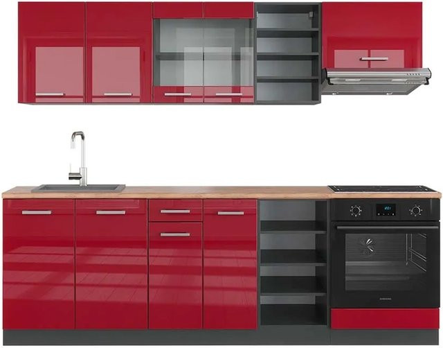Vicco R-Line Küchenzeile Bordeaux Hochglanz Anthrazit Eiche B/H/T: 240 x 81,6 x 60 cm - Bild 1