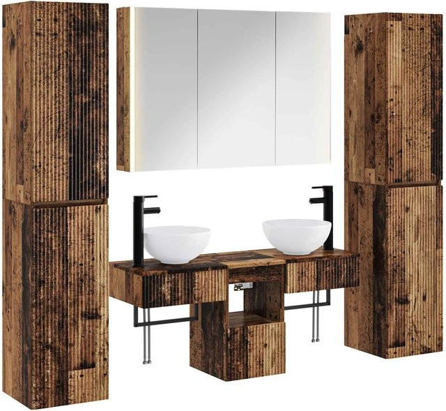 vidaXL Badezimmermöbel-Set 6-teilig aus Altholz und Glas in Braun mit LED-Beleuchtung und Waschtischunterschrank - Bild 1