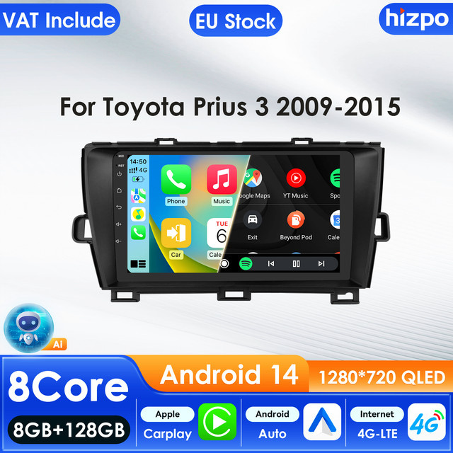 Hizpo 2Din Android Auto Multimedia Player für Toyota Prius XW30 2009-2015 mit GPS, Carplay, 4G und 360 Cam in Schwarz - Bild 1