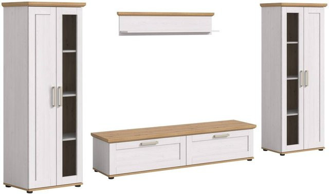 Wohnwand VERONA von xonox.home in Lärche und Eiche Nachbildung im Landhaus-Look mit Lowboard, Wandboard und zwei Vitrinen mit Glastüren, Farbe: Braun, B/H/T: 316 x 161 x 40 cm - Bild 1
