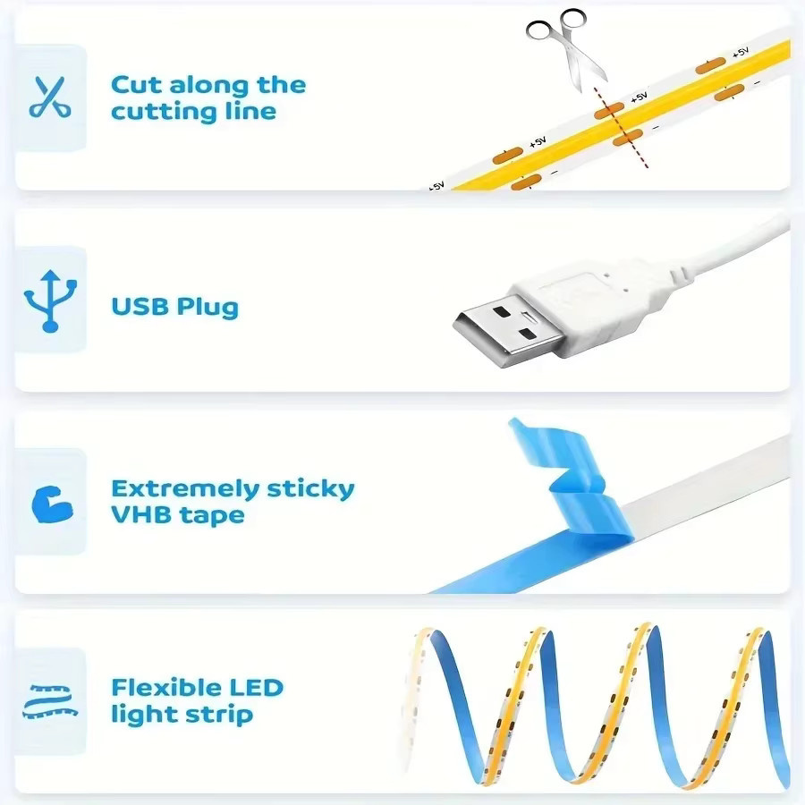 USB COB LED-Lichtstreifen für DIY TV-Hintergrundbeleuchtung, 320 LEDs/m, Warmweiß, 1m Länge - Bild 3