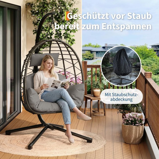 HiMISS Hängesessel mit verstellbarer Kopfstütze und Kissen, grauer Lounge-Hängemattenstuhl mit mattem Metallgestell für Garten, Terrasse und Balkon - Bild 1