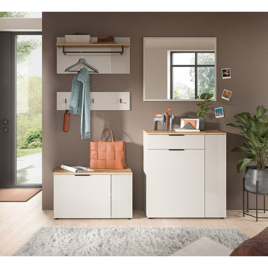 Garderobe Slide von xonox.home in Kaschmirgrau mit Evoke Oak Nachbildung, bestehend aus Sitzbank, Paneel, Kommode und Spiegel, B/H/T: 175 x 190 x 36 cm - Bild 2