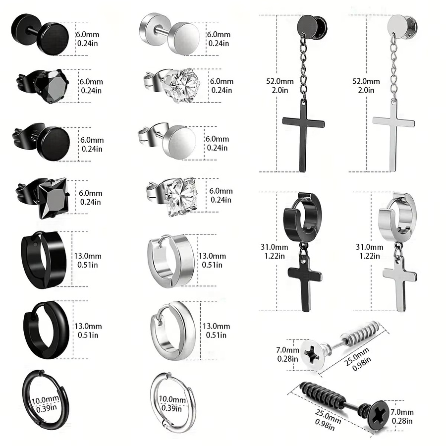 YIXI Ohrstecker Edelstahl, Zirkonia, Silber, Herren, Kreuz-Anhänger-Creolen - Bild 2