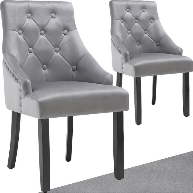 tectake Esszimmerstuhl Everdeen 2er Set, gepolstert in Samtoptik mit Zierknöpfen und Holzbeinen, Grau, B/T/H: 57 x 52 x 91 cm - Bild 2