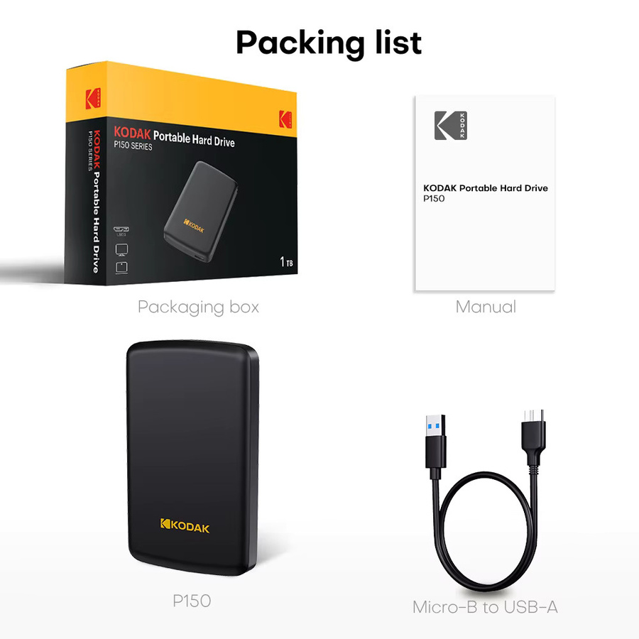Kodak P150 Externe Festplatte 1 TB, 2,5 Zoll HDD mit USB 3.0 und USB-C, Schwarz - Bild 2
