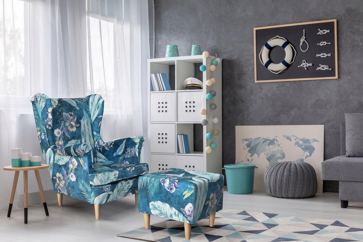 Ohrensessel ARI PRINT mit Hocker von Family Meble in Blau im skandinavischen Design, B/T/H: 84 x 92 x 104 cm - Bild 3