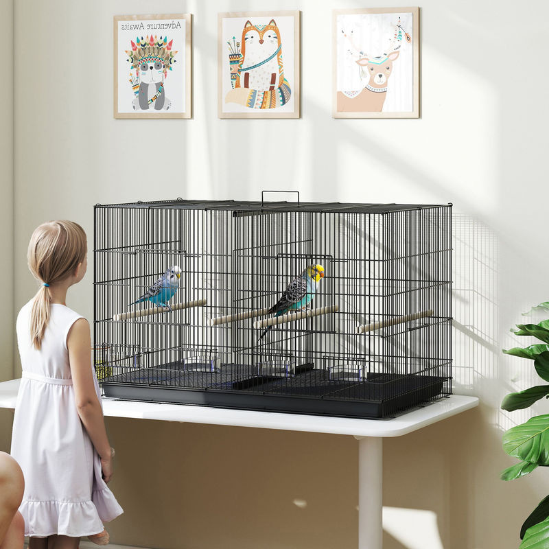 PawHut Vogelkäfig mit Trennwand und Regalboden aus Stahl und Kunststoff, Schwarz, H 94 x B 57 x T 57 cm - Bild 2