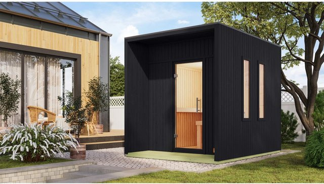 Karibu Saunahaus Set Rapallo aus Fichte in Schwarz mit 9 kW Ofen und externer Steuerung - Bild 1