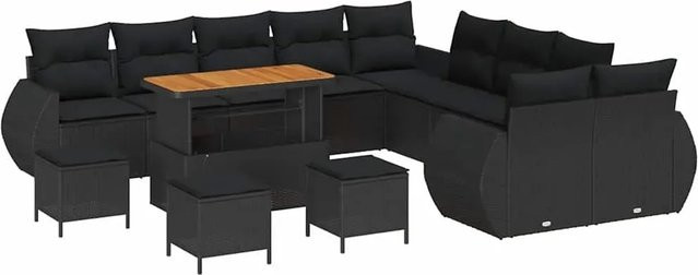 vidaXL Garten-Sofa-Set 14-teilig aus Poly-Rattan und Akazienholz in Schwarz mit Polstern und Tisch - Bild 1