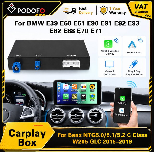 Podofo CarPlay Box Interface Decoder in Schwarz, Plug & Play für BMW E39 E60 E61 E90 E91 E92 E93 E82 E88 E70 E71 und Mercedes Benz NTG5.0 NTG5.1 NTG5.2 C W205 GLC 2015-2019 - Bild 1