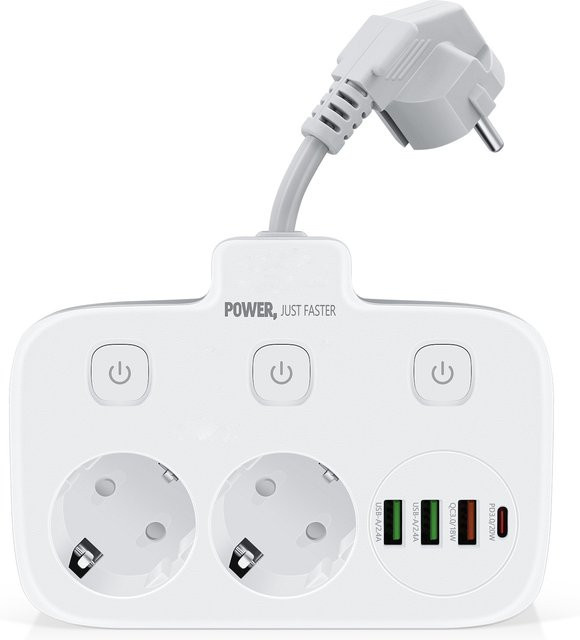 HITRENDS 6-in-1 EU-Steckdosenleiste in Weiß mit 2 AC-Steckdosen, 3 USB-Typ C PD20W Schnellladeanschlüssen und Überspannungsschutz - Bild 1