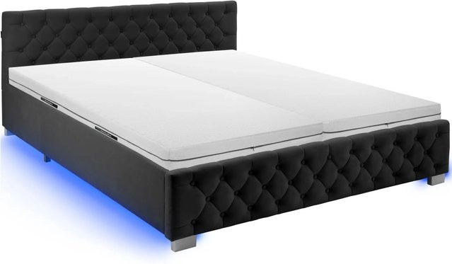 Tectake Polsterbett in Samtoptik mit Steppmuster und Matratze in Schwarz, B/T/H: 217 x 187 x 83 cm - Bild 1