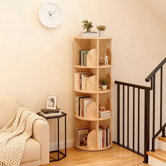 HiMISS Drehbares Eckregal aus Holz in Braun, Platzsparendes Freistehendes Bücherregal für Büro, Schlafzimmer und Wohnzimmer - Bild 1