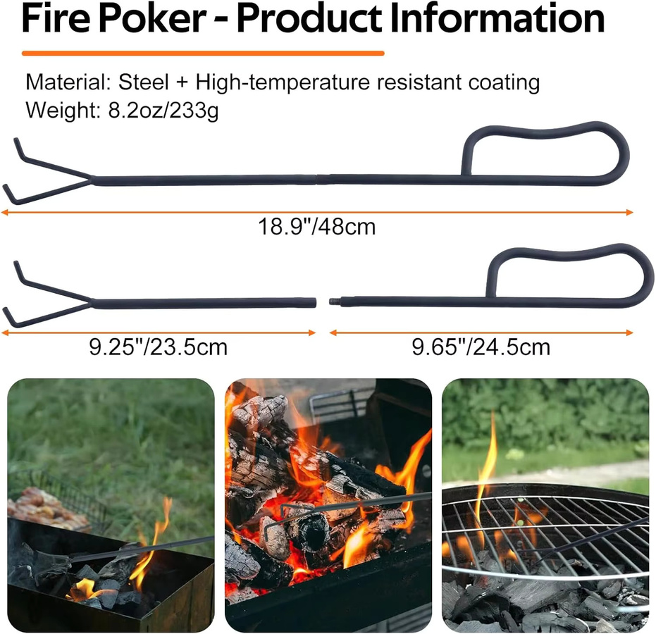 Goture Feuerhaken und Feuerzange in Schwarz für Kamin, Outdoor-Grill und Camping, Länge: 48 cm - Bild 4
