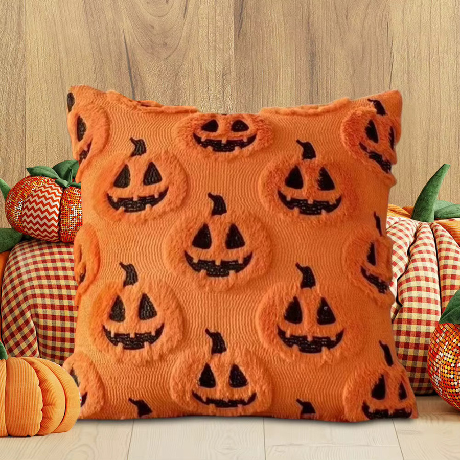 APWIKOGER Halloween Kissenbezüge aus Kunstfell mit Geister- und Kürbis-Motiv in Orange, quadratisch und waschbar - Bild 2