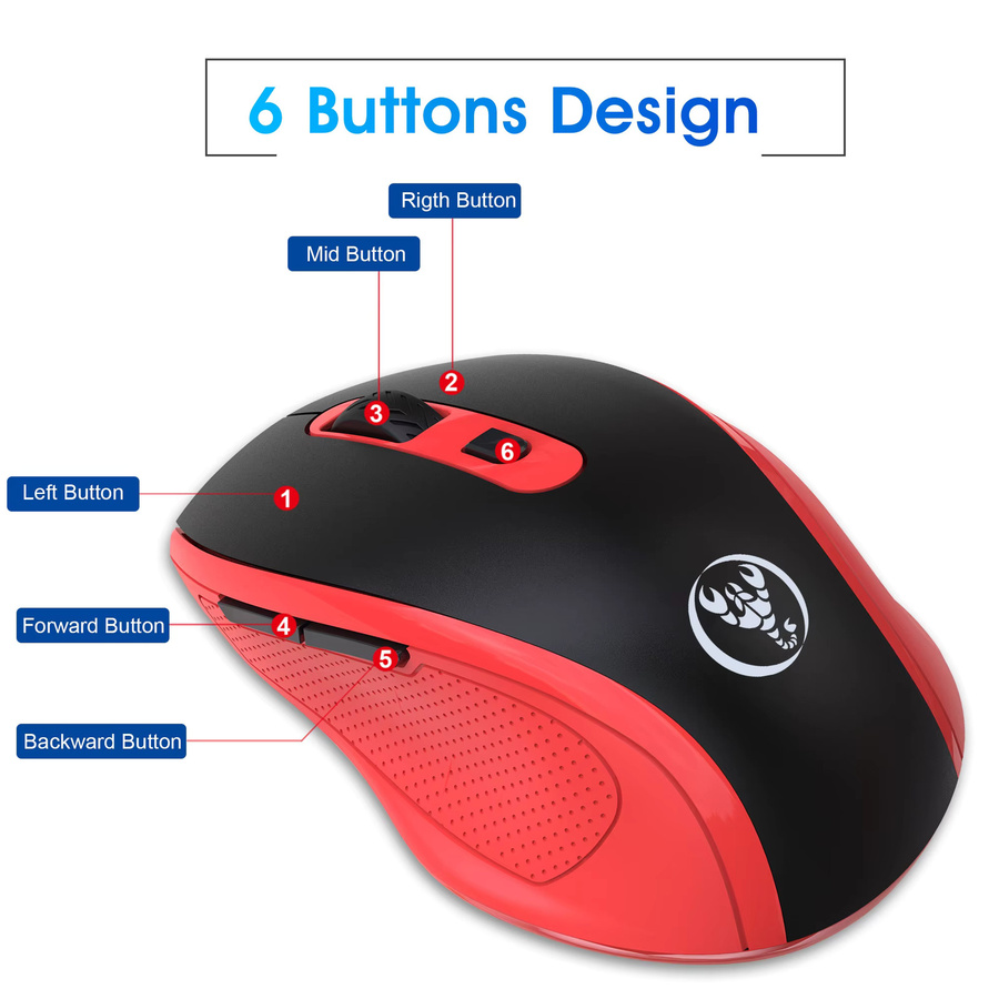 HXSJ Ergonomische kabellose 2,4 GHz Maus mit optischem Sensor und 6 Tasten in Rot und Schwarz für Laptop, Büro und Gaming - Bild 3