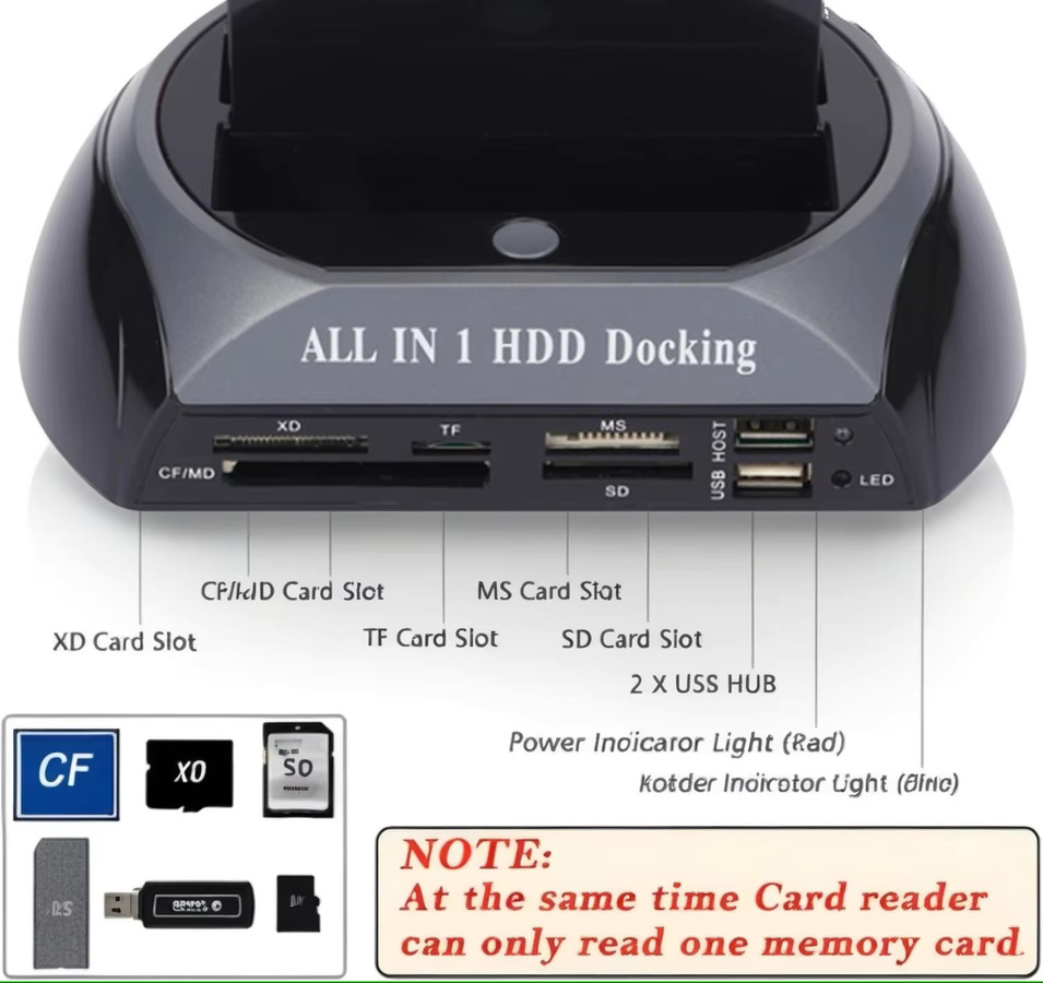 All-in-One USB 2.0 zu IDE SATA Festplatten-Dockingstation mit Doppelhalterung für 2,5-Zoll und 3,5-Zoll sowie Kartenleser in Schwarz - Bild 2