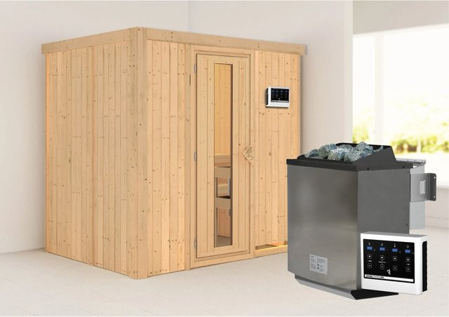 Karibu Sauna Bjar mit Bio-Kombiofen, externer Steuerung und Energiespartür, Farbe: Beige, B/T/H: 196 x 151 x 198 cm - Bild 1