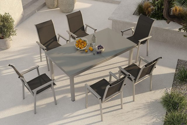 Kettler BasicPlus Pro Garten-Essgruppe aus Aluminium und Textilene in Silber und Anthrazit mit ausziehbarem Tisch und 6 Stapelsesseln - Bild 1