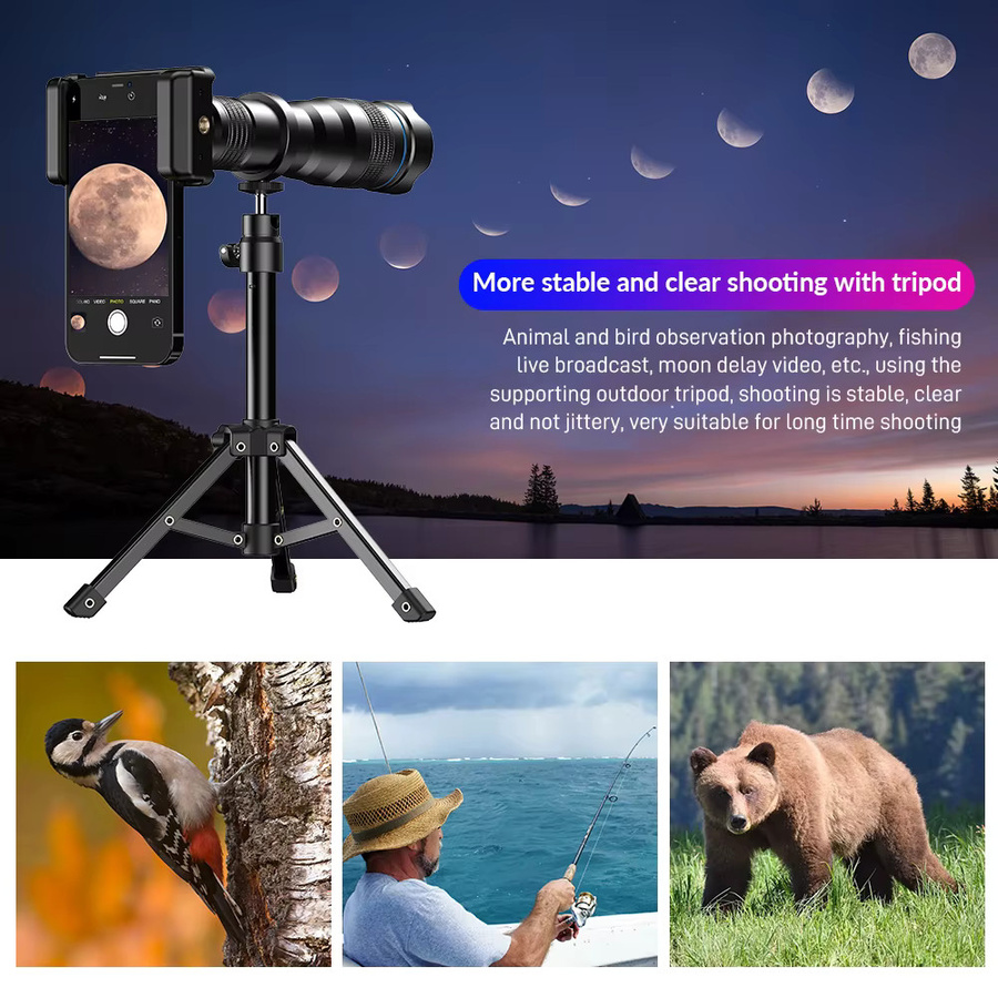 APEXEL 4K 36X Monokulares Teleskop Zoom Teleobjektiv für dein Smartphone mit Metall Halterung und Stativ in Schwarz - Bild 3