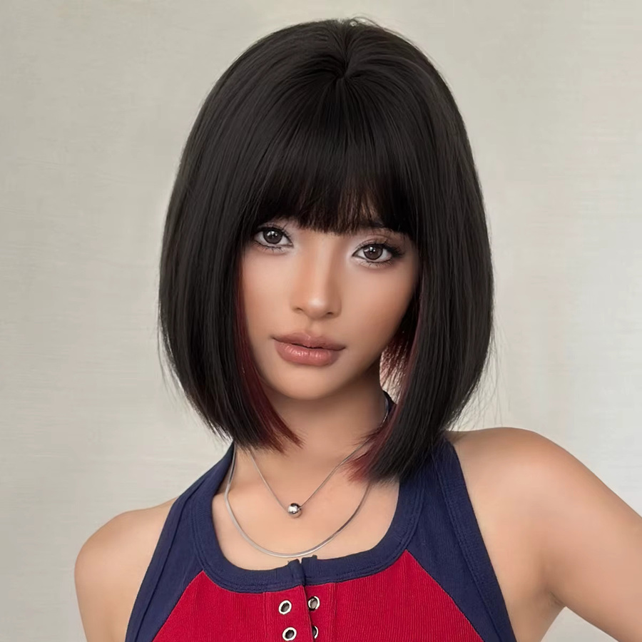 7JHH WIGS Perücke, kurz, glatt, schwarz mit dunkelroten Highlights, Damen - Bild 2