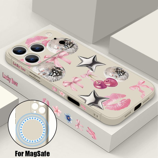 YISHANGOU Handyhülle mit Schleifen- und Sternen-Print für iPhone 12 bis iPhone 17 Pro Max, magnetisch für MagSafe, TPU Cover mit Lanyard, Multicolour - Bild 1