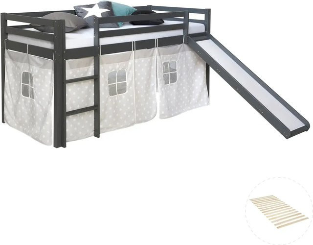 Homestyle4u Kinderhochbett aus Kiefernholz mit Rutsche und Lattenrost in Grau, B/T/H: 90 x 200 x 207,5 cm - Bild 1