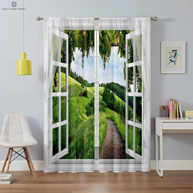 2er-Set moderne 3D-gedruckte Vorhänge mit Natur-Motiv in Weiß, semi-transparent, B: 50 cm, H: 130 cm - Bild 1