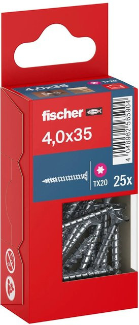 Fischer PowerFast II Senkkopf Schraube mit Torx-Antrieb und Vollgewinde aus Stahl, Farbe: Blau/Silber, Durchmesser: 4 mm, Länge: 35 mm, 25 Stück - Bild 1