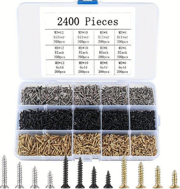 MIVM Miniatur-Schrauben Set mit 2400 Stück, M2 Selbstschneidende Holzschrauben, Kreuzschlitz Flachkopfschrauben, Multicolour (Gold, Schwarz, Silber) - Bild 1