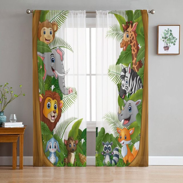 Yiran Furniture Dschungel-Cartoon-Tier Vorhänge mit Löwe und Zebra, 2er-Set halbtransparent, Multicolor, B: 50 cm, H: 130 cm - Bild 1