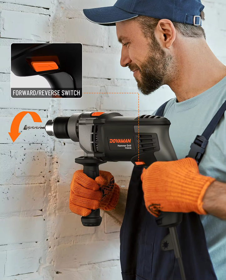 DOVAMAN Schnurgebohrhammer mit 7,5 A und 1/2 Zoll Schlagbohrmaschine, 0–3000 U/min, Metallfutter, 2 Modi für Beton, Holz und Metall, inklusive Bits und Koffer - Bild 4
