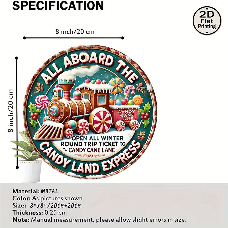 Potdemiel Vintage Metall-Wandblechschild Candy Land Express Winter Joy Journey, rund, multicolor, Durchmesser: 20,32 cm - Bild 2
