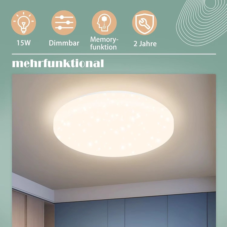 Cliheet LED-Deckenleuchte in Weiß, runde Unterputzleuchte mit Sternenhimmel-Effekt, 15 W, 4000 K, Durchmesser: 21 cm - Bild 2