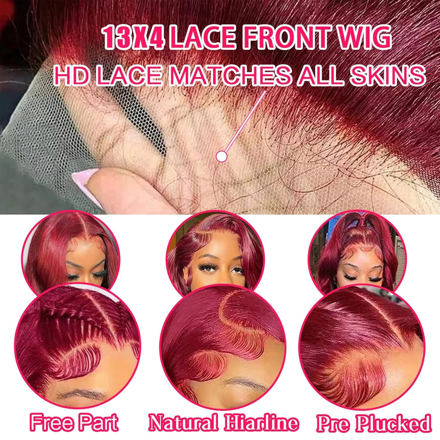 Echthaar-Perücke, 34 Zoll, Burgunderrot, 250% Dichte, Body Wave, HD Lace Frontal - Bild 5
