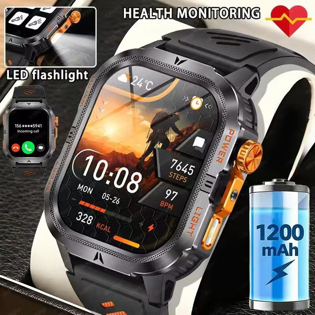 BOALZETD Militärische Outdoor-Smartwatch für Herren in Schwarz mit 2,01 Zoll Display, GPS, Bluetooth-Anruf und IP68 wasserdicht - Bild 1
