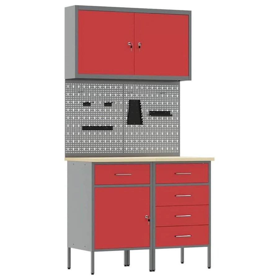 vidaXL Werkbank mit Schubladen und Pegboard aus Holz und Stahl, Rot - Bild 2