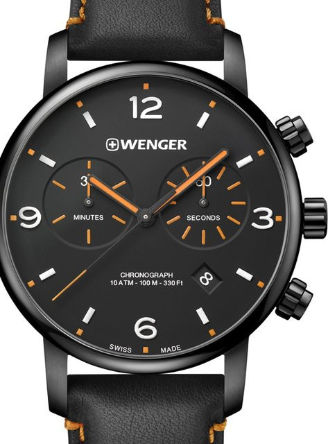 Wenger Chronograph, Quarz, Edelstahl, Leder, Schwarz, 44 mm, Herren - Bild 1