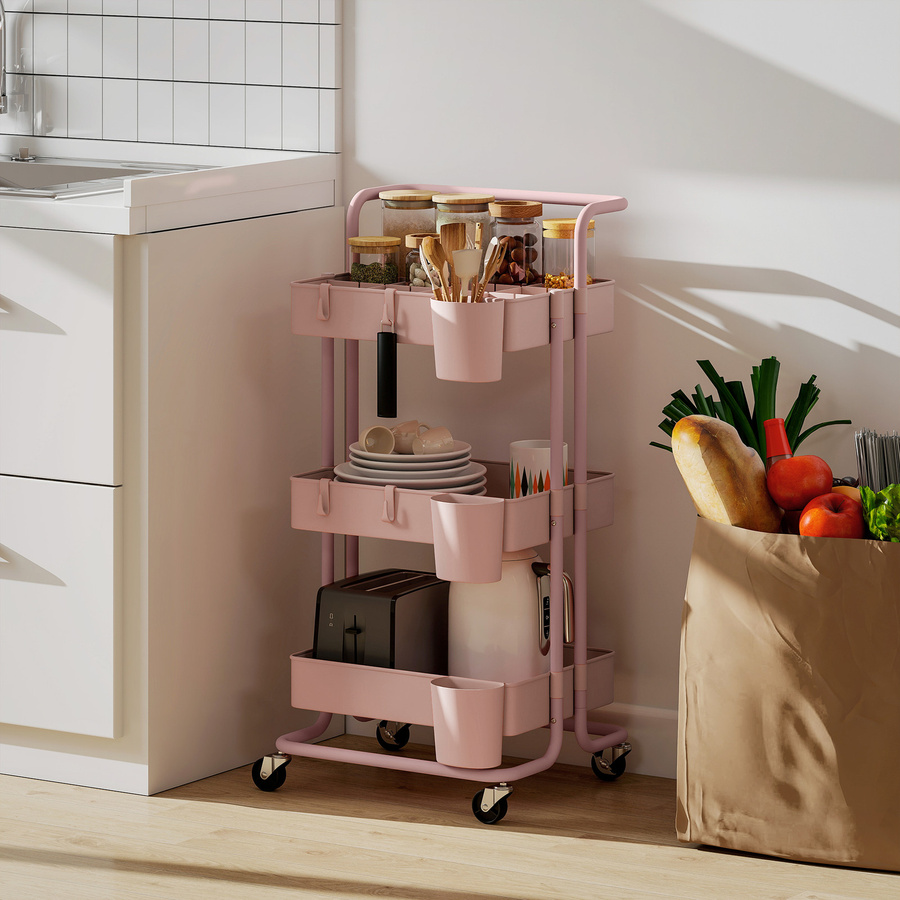 Aosom HOMCOM 3-stufiger Beistellwagen mit Rollen und Griff in Rosa, Küchenwagen mit 3 Drahtkörben und 3 Hängeboxen, B/T/H: 42 x 38 x 86,5 cm - Bild 2