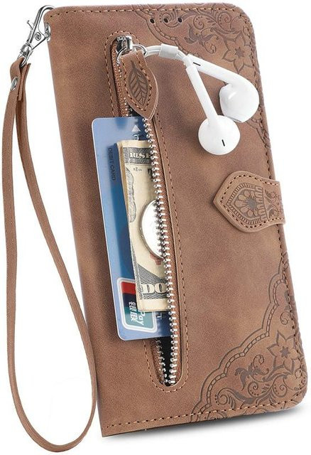 Leder-Flip-Tasche mit Reißverschluss und Kartensteckplätzen für Samsung Galaxy S20 S21 FE S22 Ultra Plus A12 A13 A22 A32 A33 A52 A52S 5G in Braun - Bild 1