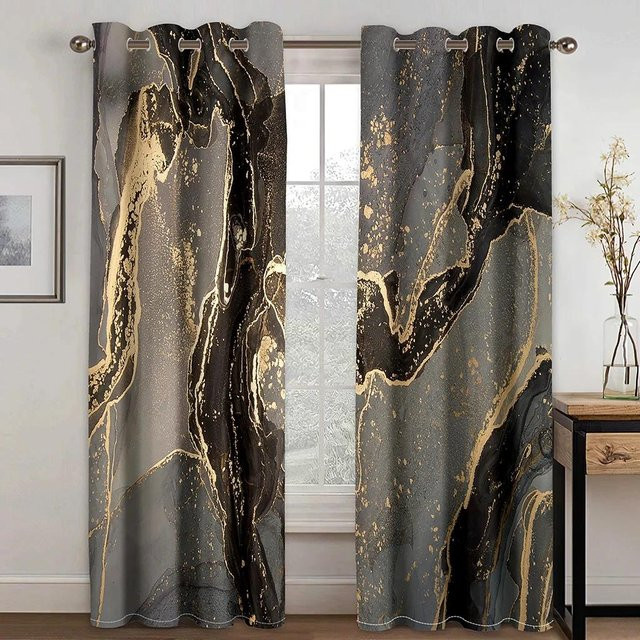 Yiran Furniture Vorhang Set mit abstraktem Marmor-Design in Schwarz und Gold, 2er-Pack, halbtransparent, B: 50 cm, H: 130 cm - Bild 1