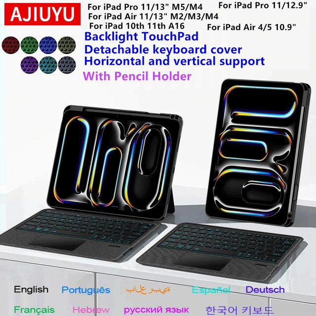 AJIUYU Magic Keyboard Hülle für iPad Pro M5 11 und 13 Zoll 2025 sowie iPad Air 4 5 6 und iPad Pro 12.9, abnehmbare Smart Tastaturabdeckung, Schwarz - Bild 1