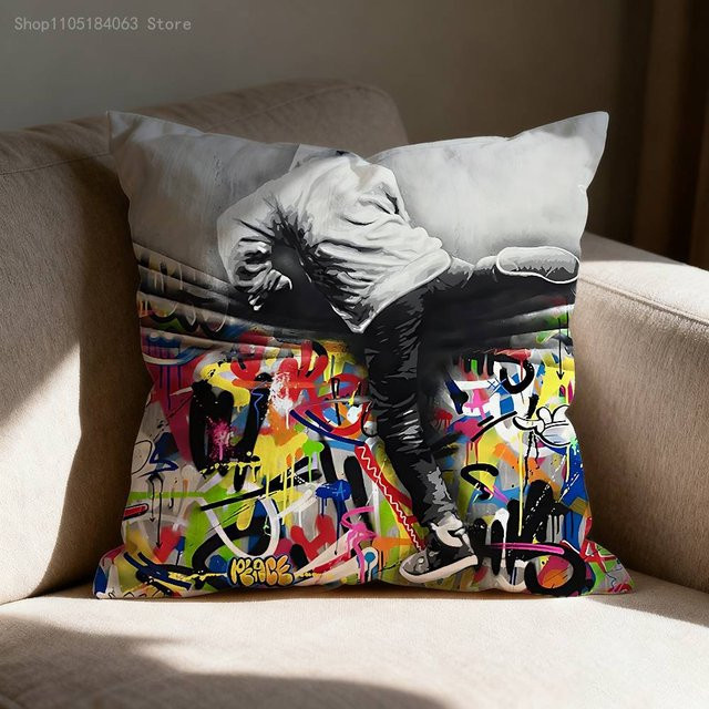 B-BanksyS Street Graffiti Kissenbezug aus Polyester, quadratisch, Multicolour - Bild 1