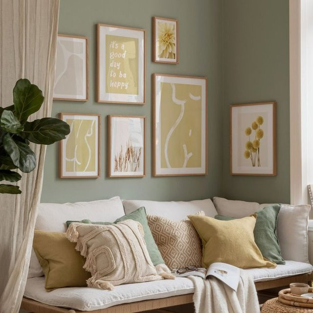 Potdemiel Wandkunstdruck Leinwand mit gelben Dahlien und Craspedia im Nordic-Stil für dein Wohnzimmer - Bild 1