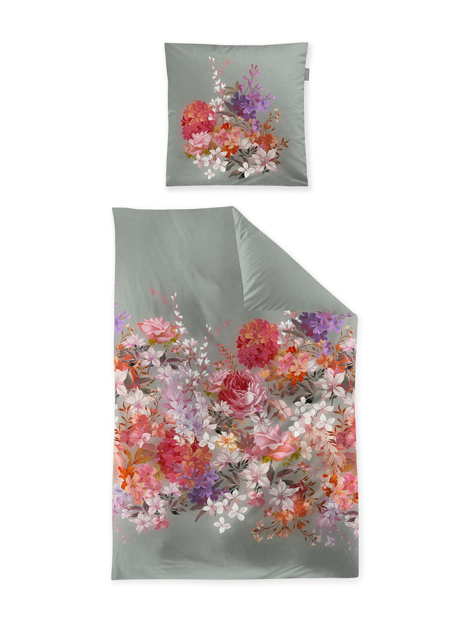 Irisette Wave Mako-Satin Bettwäsche mit Rosenblüten in Salbei und Rosa, B/H: 155 x 220 cm mit Kissenbezug 80 x 80 cm - Bild 1