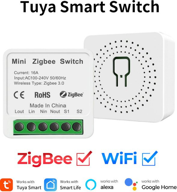 GGBEE ZigBee WiFi Smart Switch Automatisierungsmodul in Weiß mit 2-Wege-Steuerung, kompatibel mit Tuya App, Amazon Alexa und Google Assistant, AC100-240V 16A - Bild 1