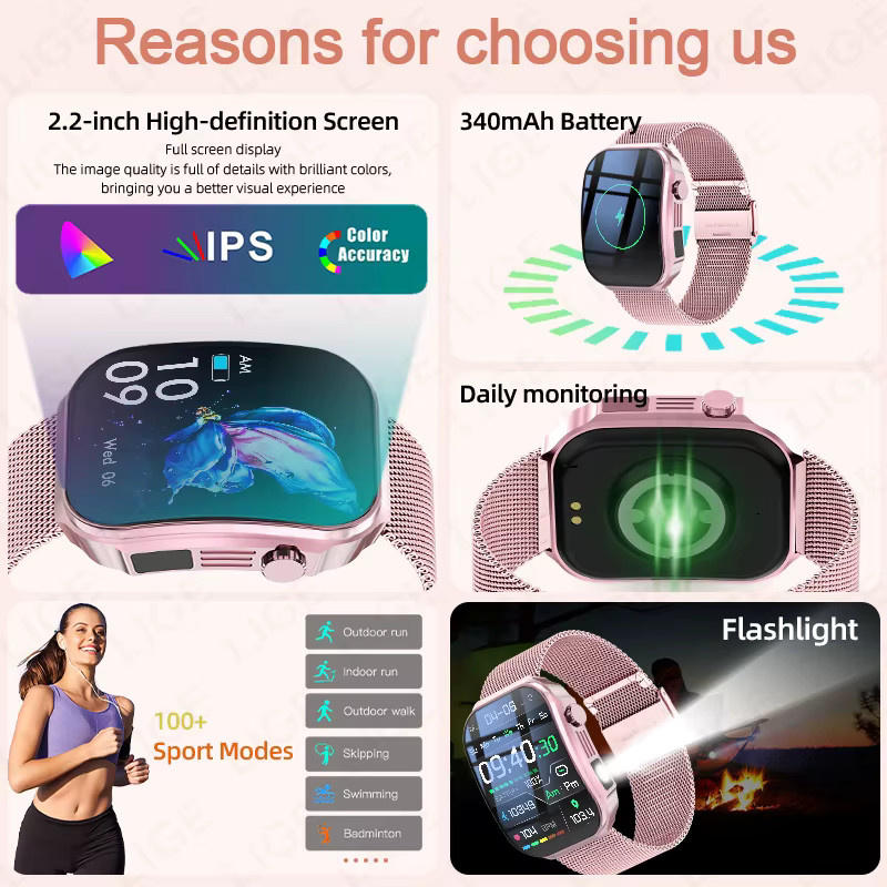 LIGE Smartwatch, 2,2 Zoll AMOLED, Edelstahl, Schwarz, Damen - Bild 2